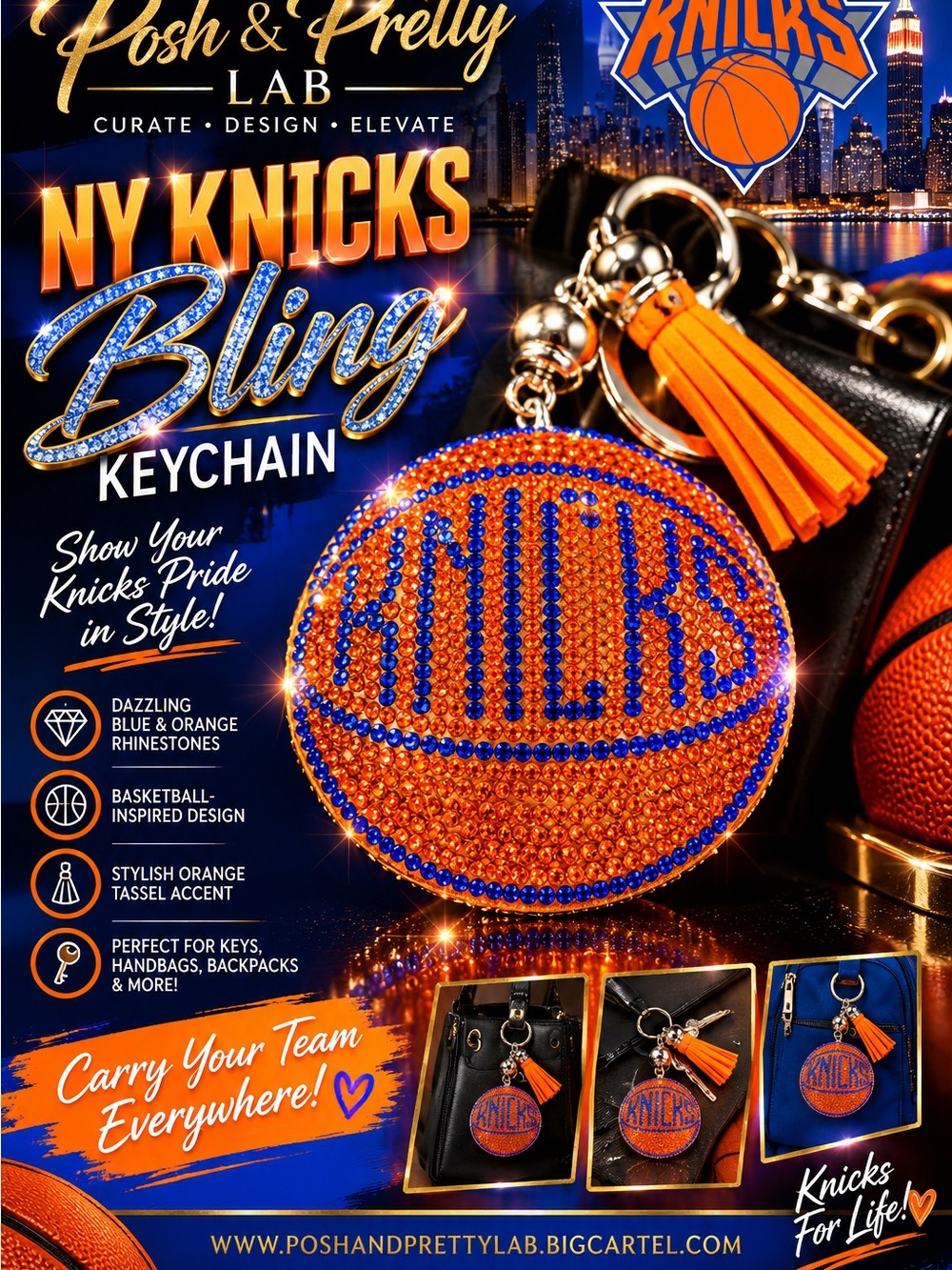 NY Knicks Orange & Blue Bling Basketball Keychain